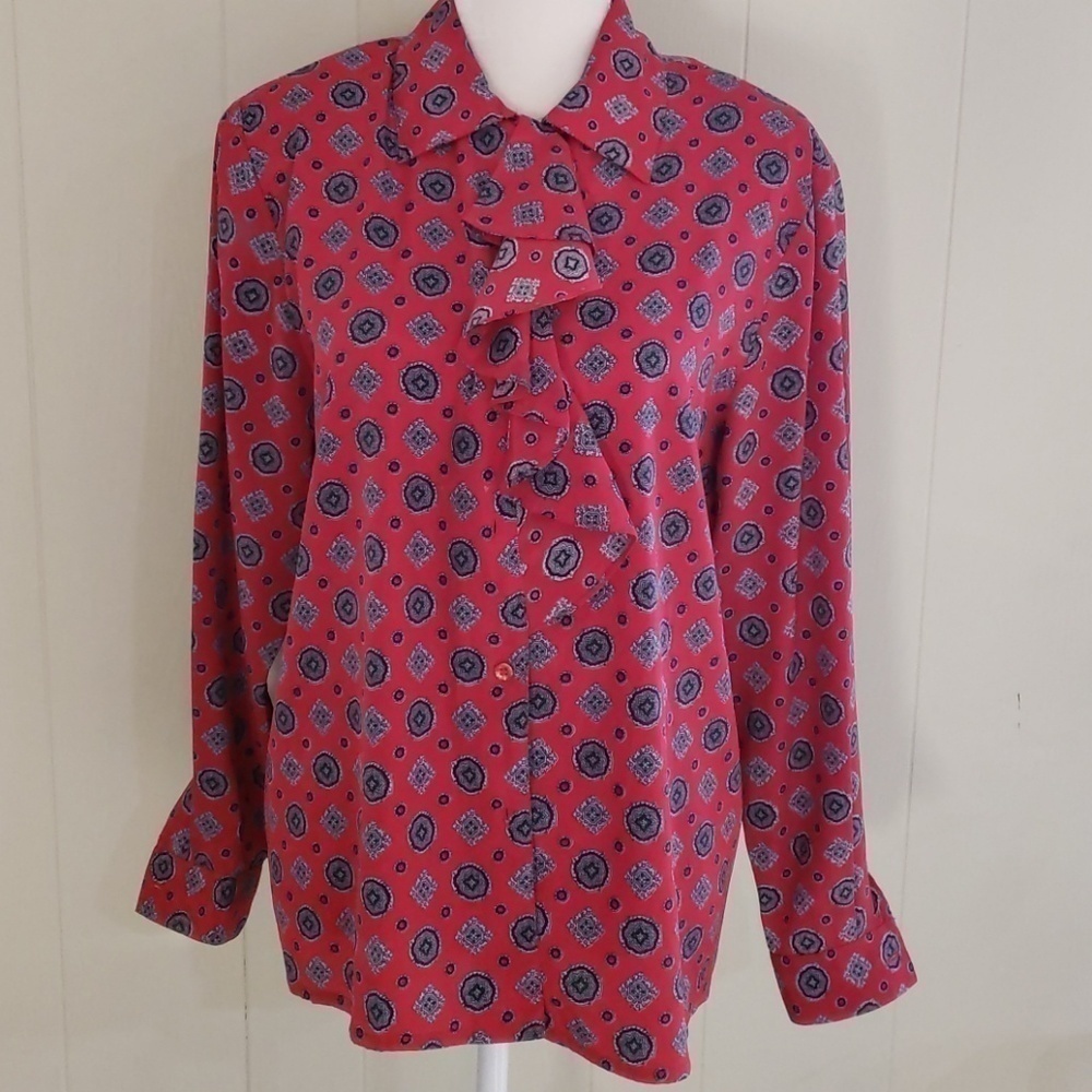 Alfred Dunner Dress Blouse 12 Long Slv Ruffle Neck Red Grey Medalion Silky VG